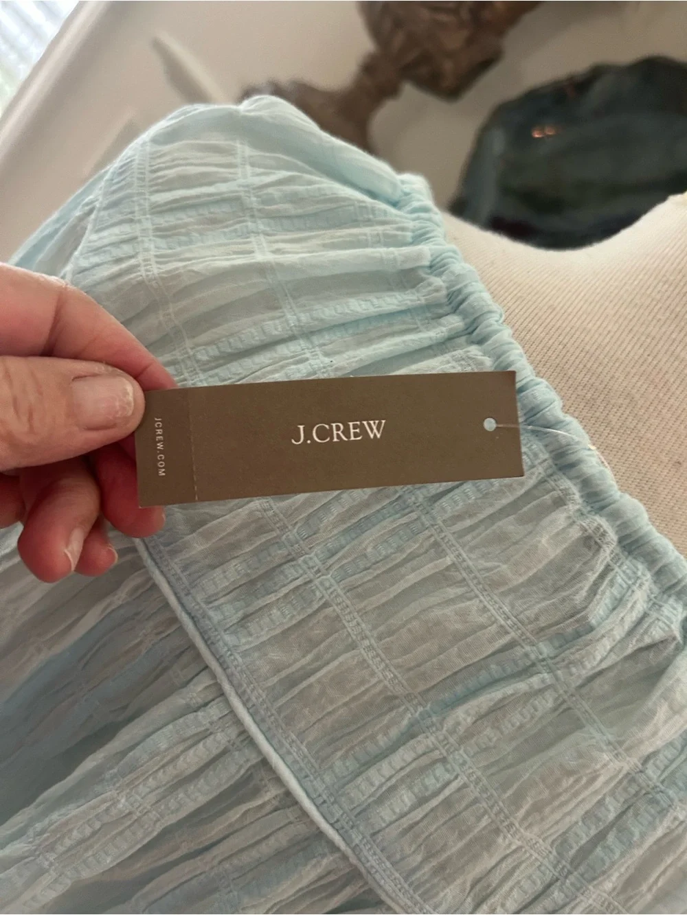 NWT J. Crew Light Aqua Tie-Front Seersucker Popover